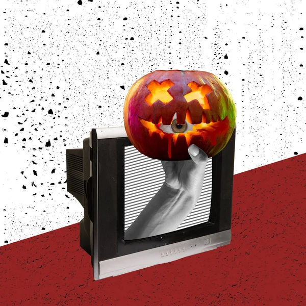 Night show. Human hands with Halloween pumpkin sticking out of retro tv set over red white background. Contemporary art collage. Halloween holidays theme. Ideas, inspiration, party, ad. Surrealism.