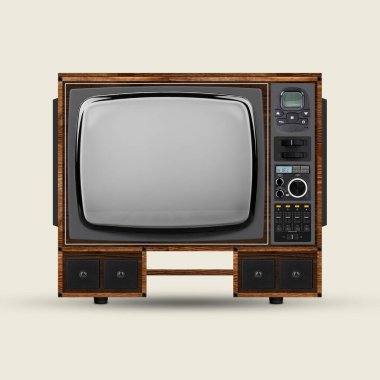 TV with built-in sound system. Upgraded version of retro tv set with blank grey screen isolated over white background. Vintage, fashion cycle, mockup for text or design