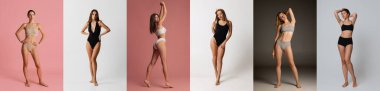 Full-length portraits of young beautiful different women in underwear isolated over multicolored background. Concept of beauty, emotions, body and skin care, health, fashion, cosmetics, ad