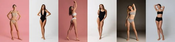 Full Length Portraits Young Beautiful Different Women Underwear Isolated Multicolored — ストック写真
