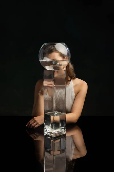 Diversity Creative Composition Young Girl Sitting Glass Vases Looking Camera — Stock fotografie