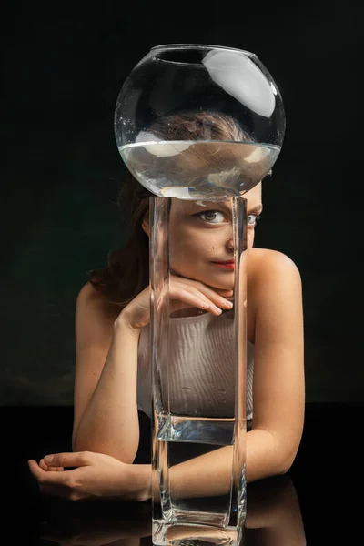 Space Creative Composition Young Girl Sitting Glass Vases Looking Camera — Stock Photo, Image