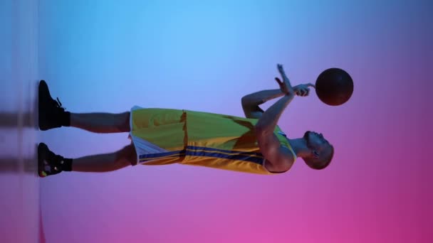 Skills Young Man Basketball Player Spinning Basketball Ball His Finger — Vídeo de Stock