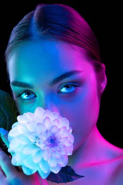 Blue eyes. Close up eyes of beautiful young girl looking camera in pink neon light. Concept of cosmetics, makeup, natural and eco treatment, skin care. Shiny and healthy look, fashion, vision. Details