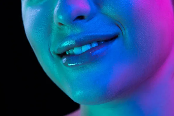 Smile Closeup Female Lips Cheeks Nose Isolated Dark Background Neon — 스톡 사진
