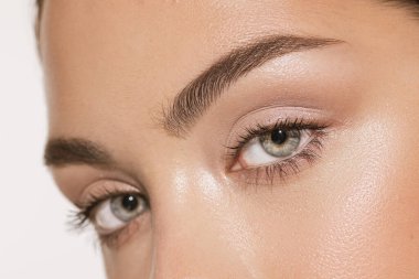 Grey eyes and perfect shapes of eyebrows. Close up faceof beautiful young girl looking at camera. Concept of cosmetics, makeup, natural and eco treatment, skin care. Shiny and healthy look. Details.