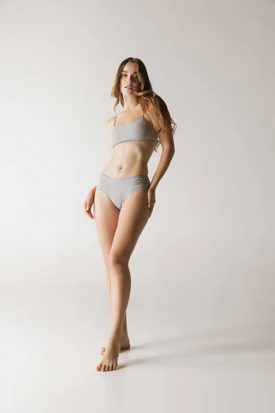 Femininity Young Beautiful Slim Woman Grey Cotton Underwear Isolated Gray — стоковое фото