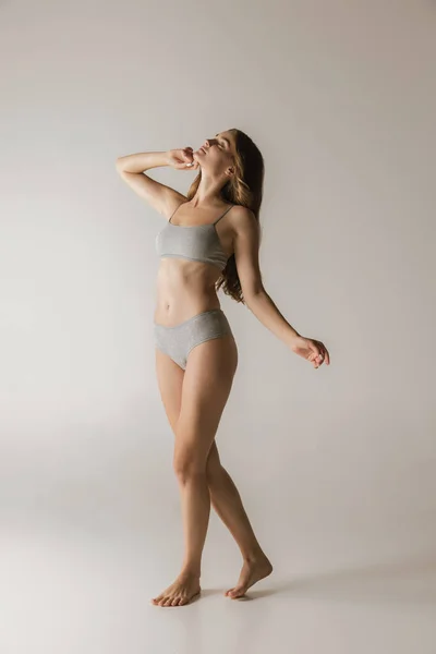 Slim Sportive Young Woman Underwear Grey Background Fitness Diet Skin — Zdjęcie stockowe