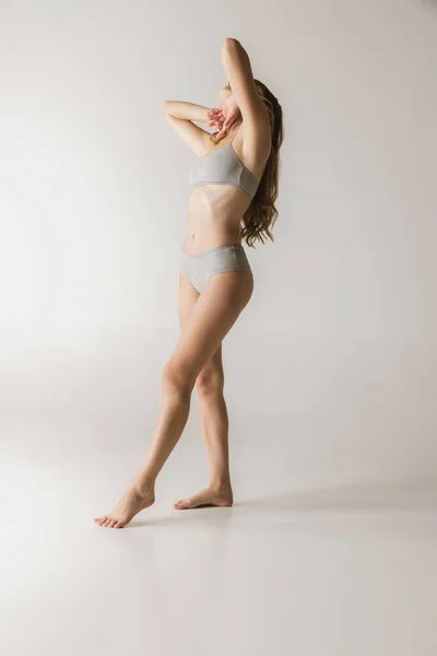 Femininity Young Beautiful Slim Woman Grey Cotton Underwear Isolated Gray — Zdjęcie stockowe
