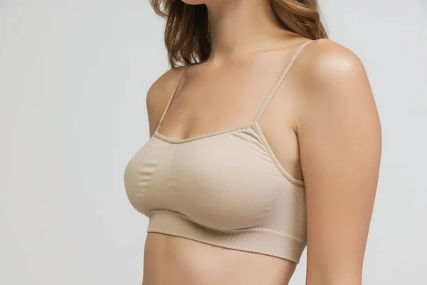 Cropped Image Slender Female Body Breast Shoulders Isolated Grey Studio — Stok fotoğraf