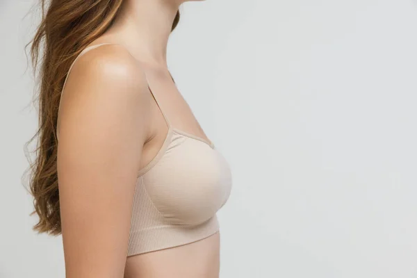 Cropped Image Slender Female Body Breast Shoulders Isolated Grey Studio — Stock fotografie
