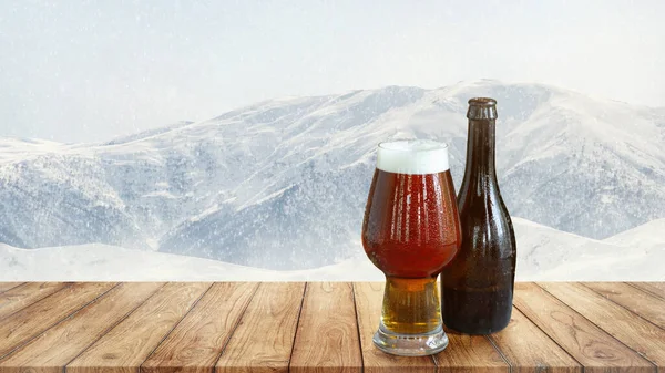 Poster with glass of cold foamy beer and bottle on wooden table over snow-capped mountains background. Holidays, vacation, drinks, taste, ad and oktoberfest concept.