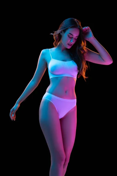 Femininity Portrait Young Gorgeous Woman White Cotton Underwear Isolated Dark — Stock Photo, Image