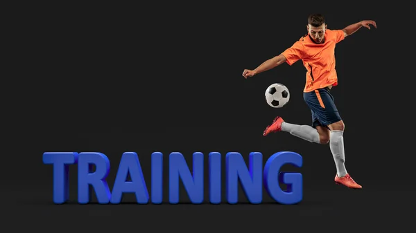 訓練だ アクティブ男性サッカー選手は黒の背景に3Dブルーのレタリングをサッカーボールでジャンプします スポーツ アクション フィットネスの概念 チラシ 広告ポスター — ストック写真