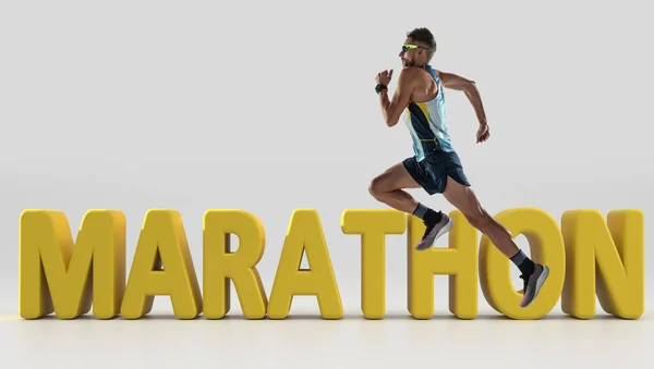 Енергія Швидкість Триатлонний Спортсмен Бігає Марафону Білому Тлі Концепція Здорового — стокове фото