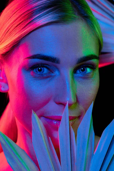 Feeling Emotions High Fashion Model Colorful Bright Neon Lights Posing — Stock Photo, Image