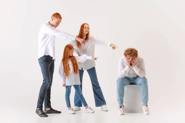 Diversity. Two men and woman and kid, red-headed young people wearing casual style clothes. Society, social issues, human rights, art, fashion, emotions, style.