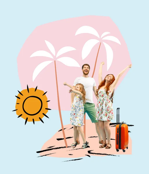 Koláž Současného Umění Veselá Šťastná Rodina Letních Prázdninách Pláži Palmy — Stock fotografie