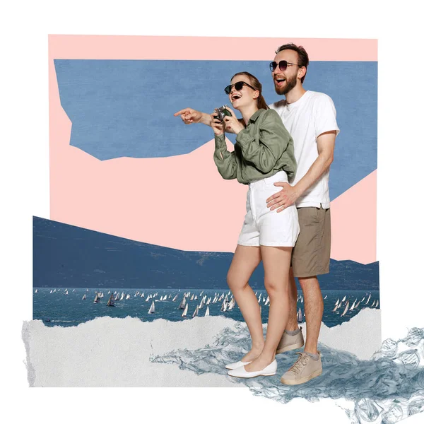現代美術のコラージュ 若い愛するカップルが一緒に夏に旅行し 美しい景色の写真を撮る レトロなデザイン 創造性 関係の概念 — ストック写真