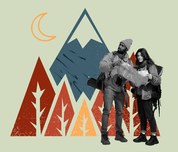 現代美術のコラージュ 男と女 山に登る前に 地図上で見て彼の背中にバックパックを持つ観光客 レトロなデザイン 創造性の概念 — ストック写真