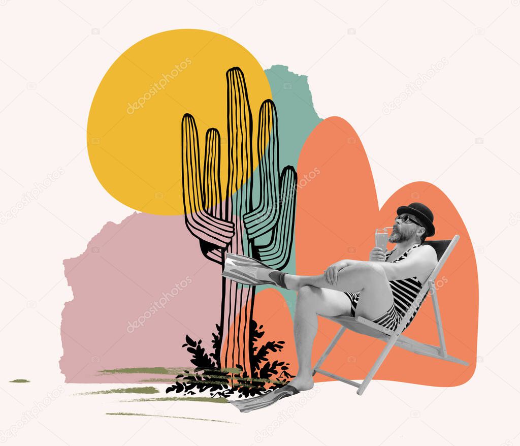 Contemporary art collage. Cheerful man in striped vintage swimming suit sitting on beach and drinking cocktail. Retro style design. Concept of travelling, vacation, discovering, creativity