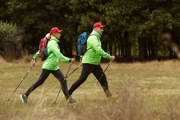 Touristen Ältere Menschen Frau Und Mann Sportlicher Uniform Wandern Bei — Stockfoto