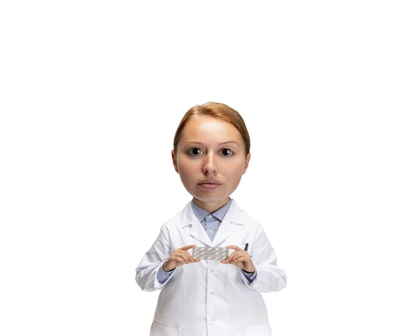 Serious Doctor Funny Woman Caricature Face Isolated White Background Cartoon — Stock Photo, Image