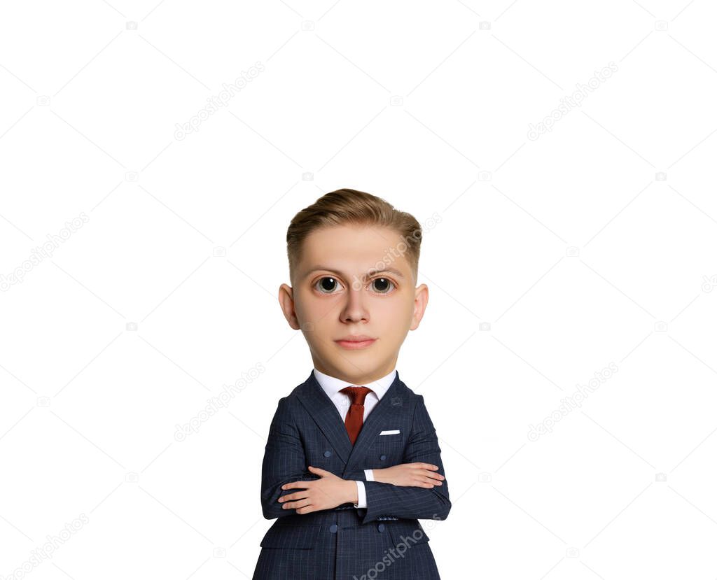 Funny comic portrait of young business man in business suit looking at camera with wide open eyes. Cartoon style character with big head. Human emotions, facial expressions. Copy space for ad, text