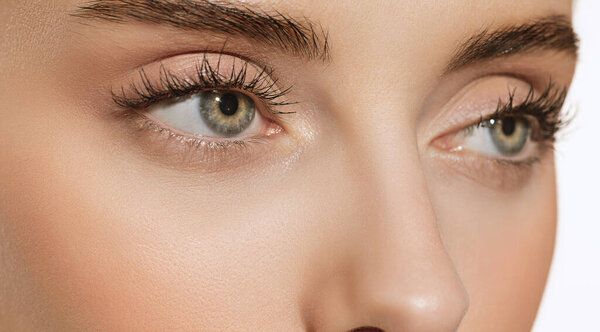 Голубые глаза и идеальные формы бровей. Закройте лицо красивой молодой девушки, смотрящей в камеру. Концепция косметики, косметики, натурального и эко-лечения, ухода за кожей. Коррекция и удлинение ресниц