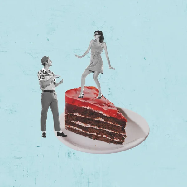 Contemporary artwork. Stylish young woman dancing on delicious biscuit cake in front of young man. Sweet tooth. Concept of retro style, creativity, surrealism, imagination. Copy space or ad, poster