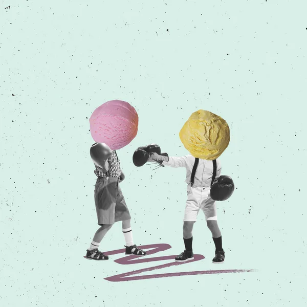 Contemporary Art Collage Playful Little Boys Children Ice Cream Heads — Stock Photo, Image