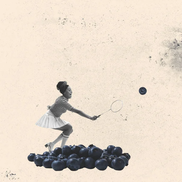 Colagem Arte Contemporânea Design Criativo Com Mulher Jovem Jogando Badminton — Fotografia de Stock