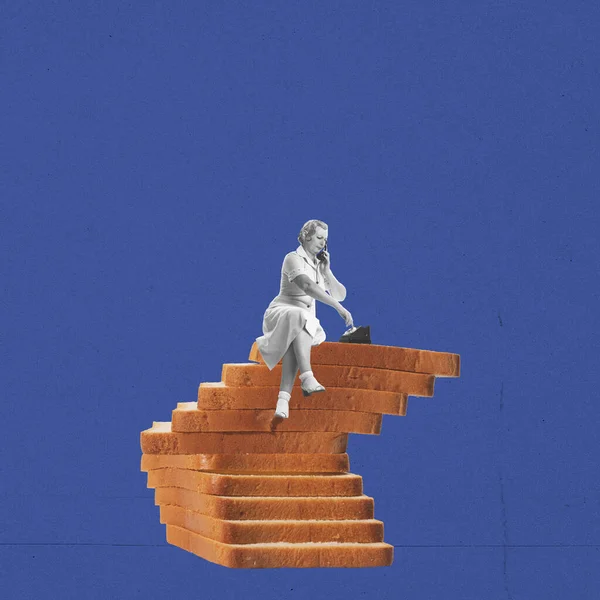 Obra Arte Contemporânea Design Criativo Com Mulher Sentada Escadas Feitas — Fotografia de Stock