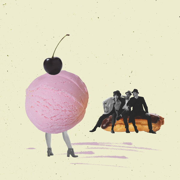 Contemporary art collage. Group of young men sitting on chocolate eclair and looking at girl with ice cream body. Concept of retro style, creativity, surrealism, imagination. Copy space or ad, poster