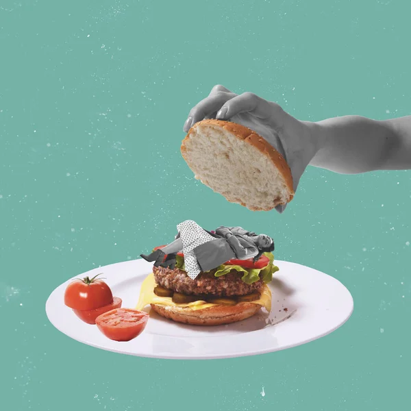 Collage Art Contemporain Jeune Fille Couchée Dormant Sur Délicieux Hamburger — Photo