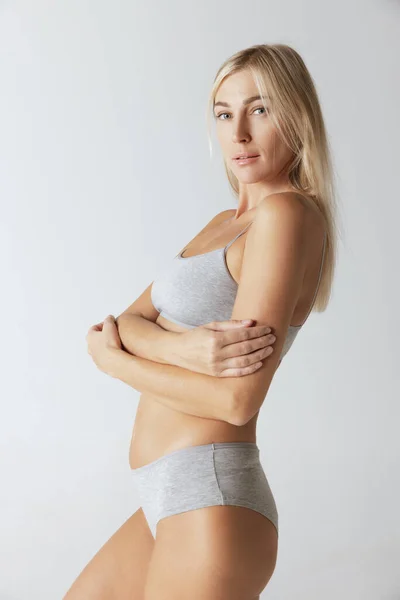 Studio Shot Young Charming Slim Girl Grey Cotton Underwear Isolated — Zdjęcie stockowe