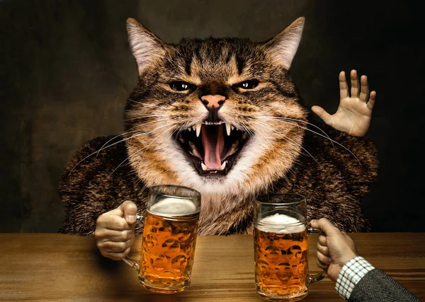 Grappige Collage Met Katten Muilkorf Die Bier Drinken Pub Donkere — Stockfoto
