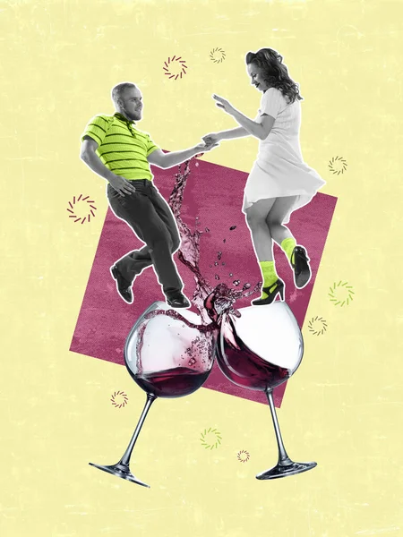 Big energy and motivation. Young happy dancing man and woman in bright retro 70s, 80s style outfits dancing over colored background. Concept of art, music, fashion, party, creativity.
