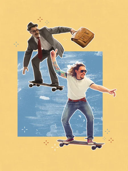 Genot Vreugde Gekke Emoties Twee Blije Mannen Skateboarden Een Lichte — Stockfoto