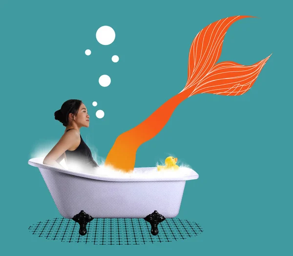 Spa treatments. Contemporary art collage. Beautiful sensual woman, fairy-tail mermaid in bathtube over blue background. Creativity, fashion, surrealism. Sea theme, new vision, art, inspiration