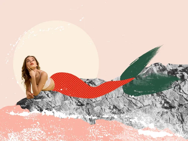 Sueños Collage Arte Contemporáneo Diseño Moderno Hermosa Mujer Sensual Sirena —  Fotos de Stock