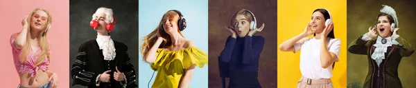 Naar Muziek Luisteren Eras Vergelijking Verschillende Mensen Moderne Jeugd Middeleeuwse — Stockfoto