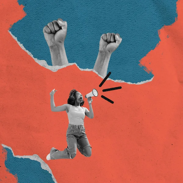 権利のために戦う 若い女の子ジャンプし メガホンで叫んで赤青の背景に隔離された 現代のコラージュ インスピレーション アイデア ニュース 広告の概念 — ストック写真