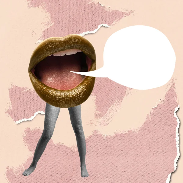 Kolaż Sztuki Współczesnej Kobiece Ciało Krzyczącymi Ustami Zamiast Głowy Pustą — Zdjęcie stockowe