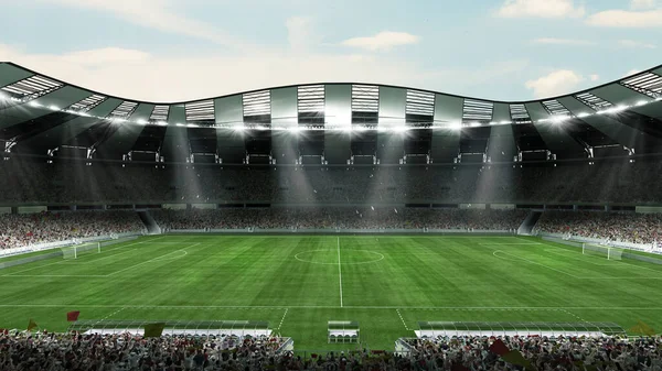 懐中電灯と日当たりの良い曇りの空の背景と空のサッカー場のサイドビュー スポーツサッカーファンで埋められたスタジアム デザインのポスター 3Dモデル ワールドカップのコンセプト — ストック写真