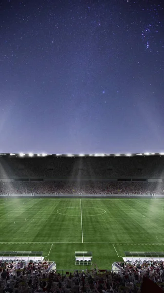 Top view of empty football field with flashlights and dark night sky background. Stadium with filled stands with sports soccer fans. Poster for ad, design. 3d model