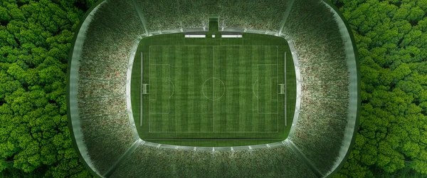 空中展望 スポーツ 行動の概念 選手権 サッカー場のための空の領域 鬱蒼とした森の中のサッカースタジアム スポーツ ゴール — ストック写真