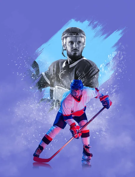 Mannschaftssport Poster Mit Porträt Eines Professionellen Eishockeyspielers Sportuniform Und Schutzausrüstung — Stockfoto