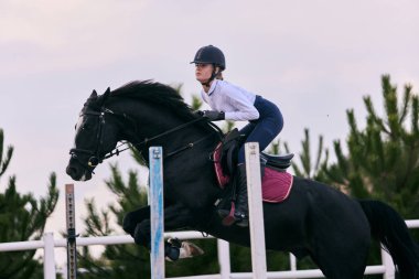 Spor eğitimi. Genç sporcu kız, spor üniformalı profesyonel binici ve kask takan açık havada yaz günü arenada binicilik antrenmanı yapan. At terbiyecisi. At biniciliği. Spor anlayışı, zarafet