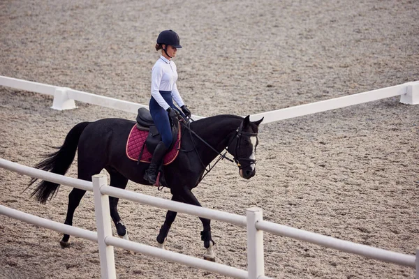 馬術スポーツ 秋の日に乗馬アリーナで10代の女の子 初心者の女性ライダーの訓練の肖像画 馬の衣装 乗馬だ スポーツ 優雅さ アクティブライフスタイルの概念 — ストック写真